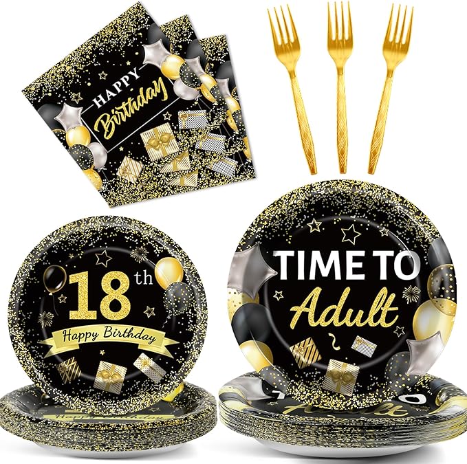 96 Pcs 18th Birthday Party Plates and Napkins Party Supplies Time To Adult 18 Years Old Birthday Party Tableware Set Black Gold 18th Birthday Decorations Favors for Boys Girls for 24 Guests