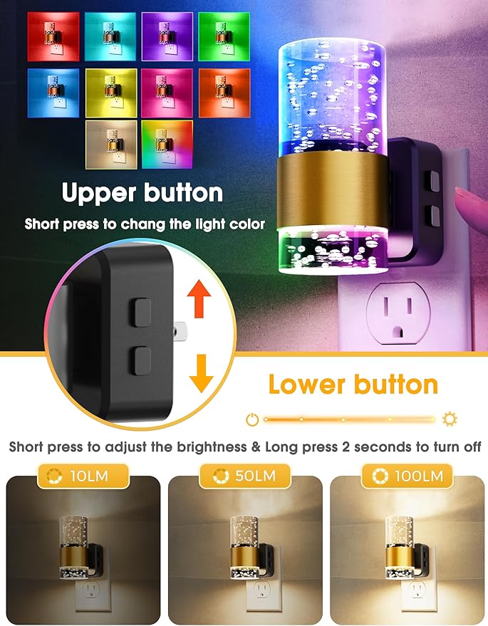 Night Lights Plug into wall, Color Changing Night Light with Rotatable Plug, Dusk to Dawn Light Sensor and Adjustable Brightness, Elegant Design Night Light for Kids Bedroom,Bathroom, 2 Pack