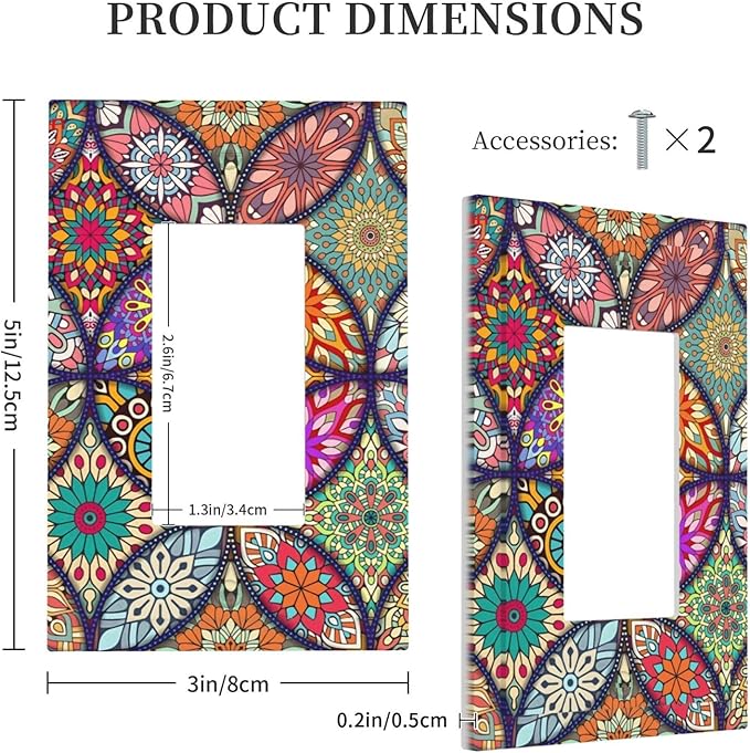 Boho Floral Pretty Colorful Mandala Flowers Decorative Outlet Covers 1 Gang Single Rocker Light Switch Cover Plate Wall Plates GFCI Faceplate for Bedroom Living Room Decor