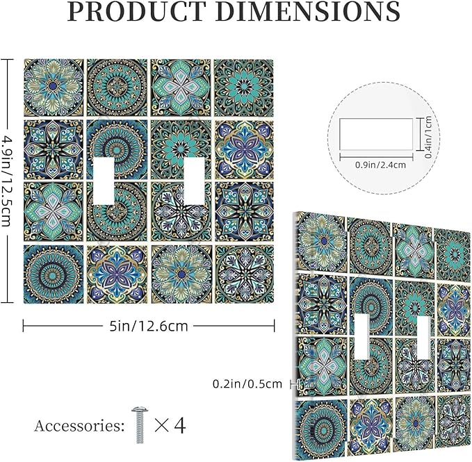 Decorative Switch Plates Mandala Decorative Rustic Vintage Turquoise Pattern 2 Gang Double Toggle Outlet Light Switch Cover Wall Plate Electrical Faceplate for Bedroom Bathroom Decor