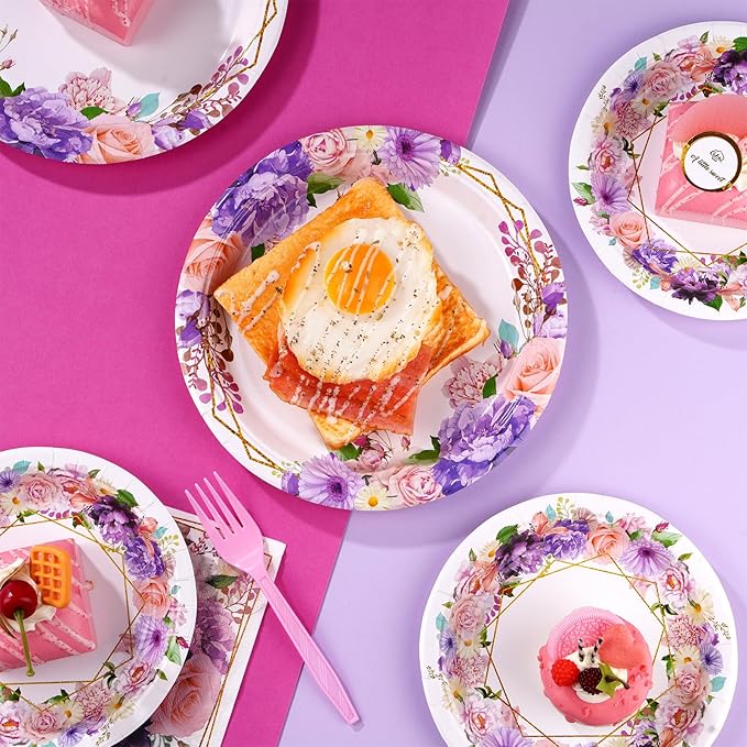Grencian 96Pcs Spring Floral Party Supplies Pink Purple Flowers Paper Plates and Napkins Disposable Spring Floral Tableware Set for Mother’s Day Tea Party Wedding Bridal Shower Baby Shower, Serves 24