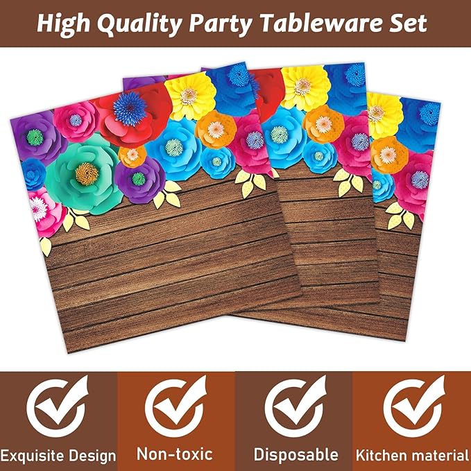 96Pcs Fiesta Party Plates and Napkins for Mexican Party Supplies Wooden Floral Themed Paper Dessert Plates Festival Tableware Set for Kids Boys 24 Guests Birthday Party Decorations