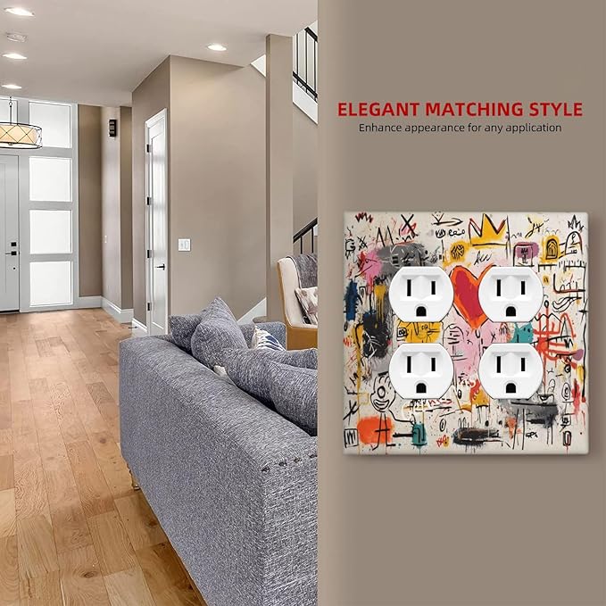 Colorful Graffiti Street Art Banksy Prints Outlet Covers 2 Gang Double Duplex Decorative Light Switch Covers Electrical Wallplates Socket Faceplate for Kids Room Office Decor
