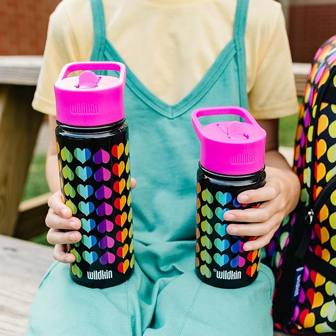 Wildkin Kids 18oz Stainless Steel Water Bottle – BPA-Free, Leakproof, Insulated, Easy-Clean - Rainbow Hearts