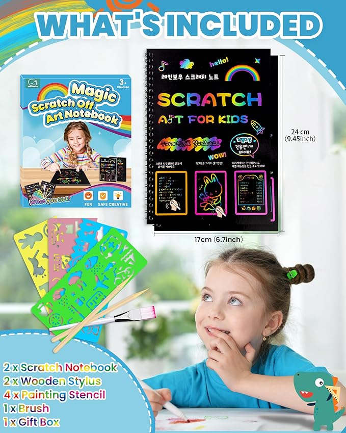 Smasiagon Scratch Paper Art-Crafts Kits for Kids, 2 Pack Scratch Off Notebooks Magic DIY Art Supplies Toys for 3-12 Years Old Girls Boys, Gifts for Birthday Halloween Christmas Party Favors Games