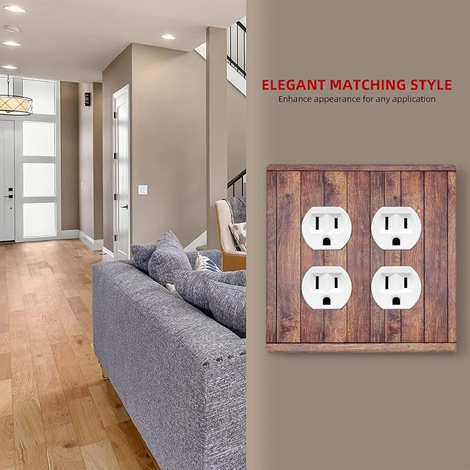 Decorative Outlet Covers with Wood Texture Rustic Vertical Planks Brown Design 2 Gang Wall Plate Double Duplex Receptacle Light Switch Cover Switch Plate Cover Vintage Kitchen/Bedroom Decor