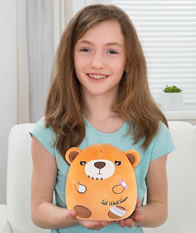Get Well Soon Gift Bear - Teddy Bear Stuffed Animals with Band-Aid, Kids' Pillow Cushion, Gifts for Patient Girls Boys, Light Brown, 8 Inch
