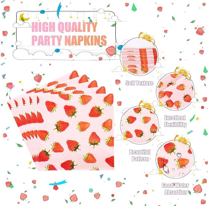 CANREVEL 96 PCS Strawberry Party Plates Serve 24, Strawberry Plates and Napkins Forks Set, Disposable Tableware for Birthday Party Supplies Decorations for Grils Kid Women Adult