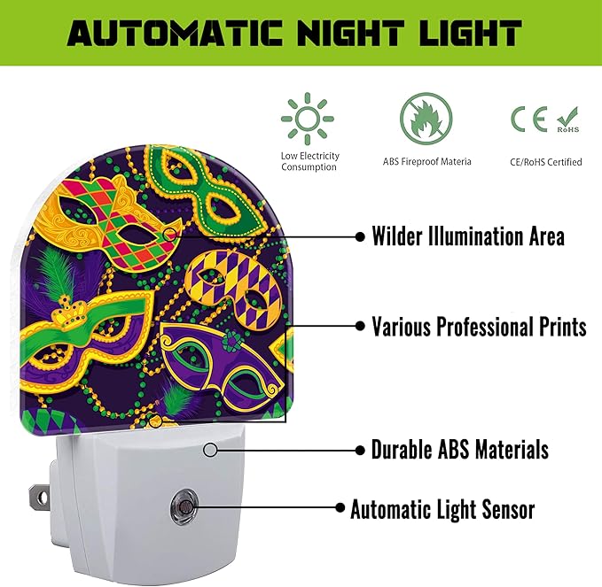 Happy Mardi Gras Night Light for Kids,Colorful Carnival Masks and Beads Plug in Night Light with Dusk to Dawn Sensor, 0.5w Energy Saving Nightlight for Hallway Stairway Kitchen Bedroom