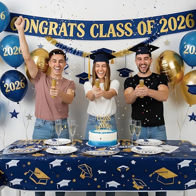 Graduation Plates and Napkins 2026,97Pcs Blue Disposable Grad Plates Class of 2026 Dessert Plates Napkins,Tablecloth,Forks,Graduation Decorations for Congrats Grad Party,Serve 24