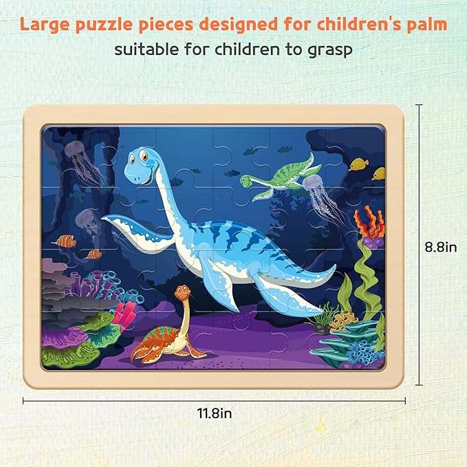 SYNARRY Large Dinosaur Wooden Puzzles for Kids 4 in 1 Gift Box(12.2 * 9.4 in), Jigsaw Puzzles for Kids Ages 4-6, Wood Puzzles for Kids Ages 3-5, Dinosaur Toys Easter Basket Stuffers Gifts for Kids