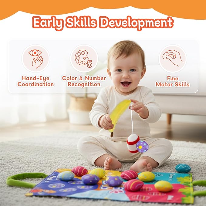 Montessori Toys for 1 Year Old, 11 in 1 Cloth Fishing Game Easter Basket Stuffers for Toddler Toys 1-3, Soft Learning Toy with Stacking Cups, Fine Motor Skills & Color Recognition for Boys & Girls