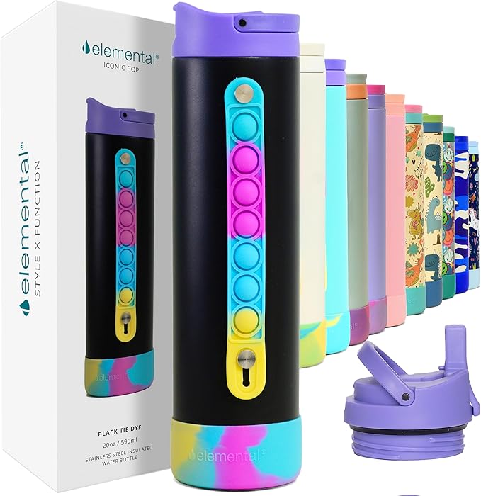 Elemental Iconic Water Bottle for School - 100% Leak-Proof Insulated Water Bottles with Straw Lid & Pop-It Handle - Triple-Wall Insulated & BPA-Free, 20oz – Black Tie Dye