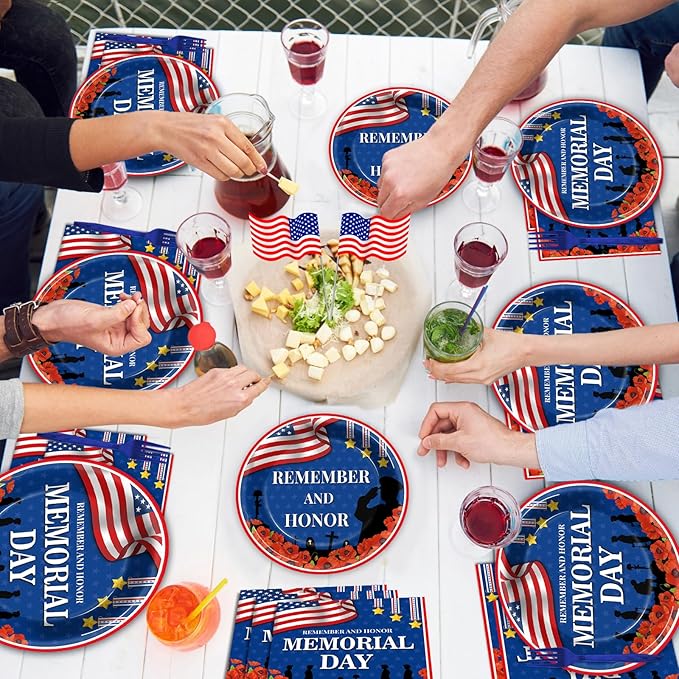 96Pcs Memorial Day Plates and Napkins for Remember and Honor Soldier Party Supplies Thank You Soldiers Dessert Plates Veterans Day Tableware Set for 24 Guests 4th of July Party Decorations