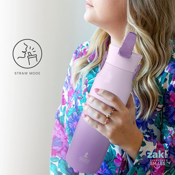 Zak Designs Harmony Water Bottle Benefiting St. Jude, For Travel or At Home, 32oz Stainless Steel is Leak-Proof When Closed and Vacuum Insulated with Straw Lid and Carry Handle (Strawberry)