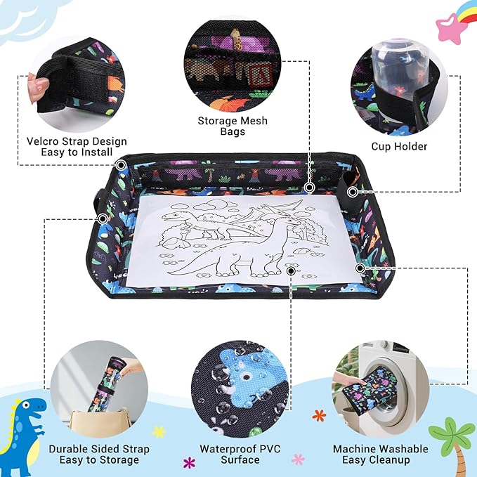 COOLBEBE Airplane Tray Table Cover Foldable Travel Tray Cover for Toddlers 1-3 Universal Fit for Airplane, Car Seat, High Chair Machine Washable, Portable Black Dinosaur
