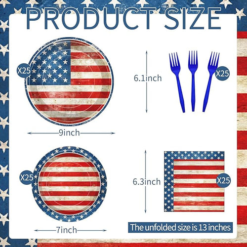 100 Pcs American Flag Party Supplies Set, Serves 25 – Disposable Patriotic Paper Plates, Napkins, and Forks, USA Flag-Themed Tableware for 4th of July, Memorial Day, Veterans Day, Independence Day BBQ