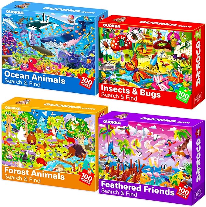 QUOKKA 100 Piece Puzzles for Kids Ages 4-6 – 4 Jigsaw Puzzles for Kids Ages 6-8 – Search and Find Game with Ocean Forest Animals for Childrens 5-8 – Learning Educational Toys for Boys and Girls 8-11