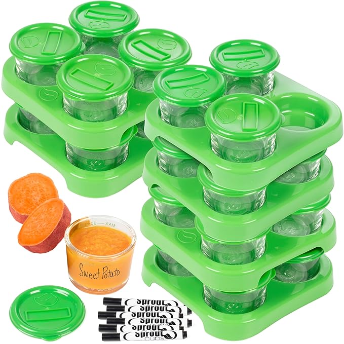 Glass Baby Food Containers (24 Pack) - 2oz Jar Container Includes Lids, Storage Tray, Dry-Erase Marker to Write On Lids - Microwave, Freezer, Dishwasher Safe - BPA & Phthalate Free Baby Food Storage