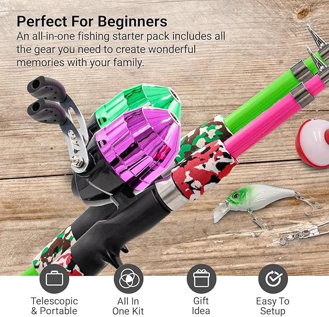Lanaak Kids Fishing Pole, Kids Portable Telescopic Fishing Rod Set, Tackle Box and Fishing Net Combo Kit, Kids Fishing Gear for Boys and Girls Age 5-10 and Youth
