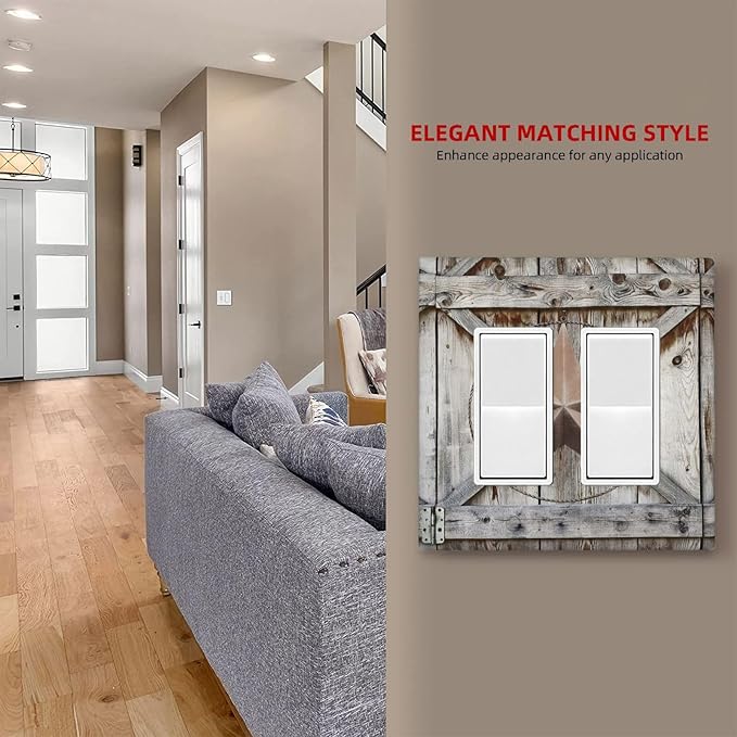 Rustic Western Texas Star Barn Door 2 Gang Rocker Decora Light Switch Cover Decorative Outlet Covers Wall Plate Electrical Faceplate Switchcovers GFCI for Farmhouse Bathroom Home Living Room Decor