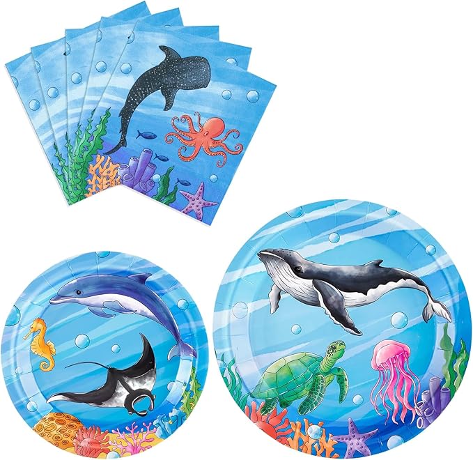 WERNNSAI Ocean Birthday Party Decorations - 48 Pcs Shark Theme Party Decorations Ocean Party Plates and Napkins for Kids Boys Under The Sea Birthday Baby Shower Party Serve 16 Guests