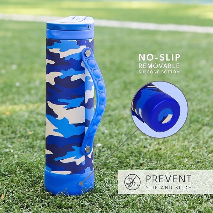 Elemental Iconic Kids Water Bottle with Straw Lid & Stress Reliever Pop It Handle, Leak-Proof When Closed, Triple Insulated Stainless Steel Reusable Thermos Water Bottle, 20oz - Blue Camo
