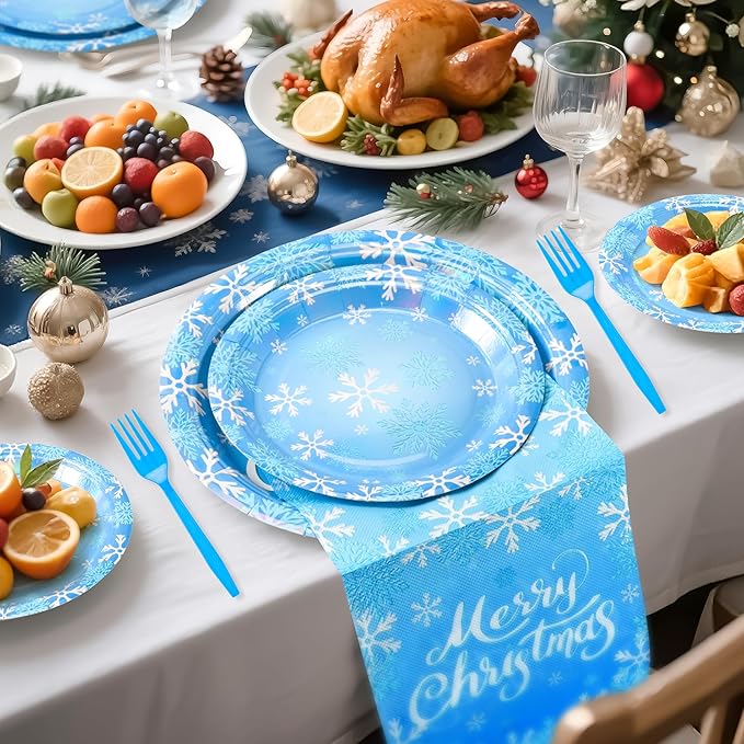 96PCS Blue Christmas Plates Napkins Forks for Party Decorations, Set of 24 Snowflakes Merry Christmas Disposable Tableware Supplies, Blue White Paper Plates for Winter Xmas Party
