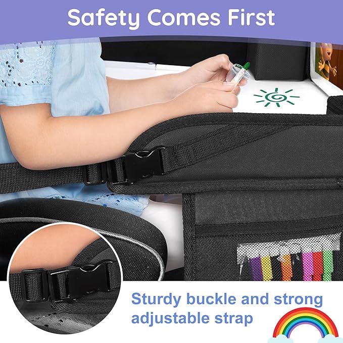 Kids Travel Tray, 2Pcs Kids Travel Trays for Car Seat, Road Trip Essentials for Toddler, Carseat Lap Tray with Dry Erase Board & Storage Organizer for Road Trip Activities for Kid, Black