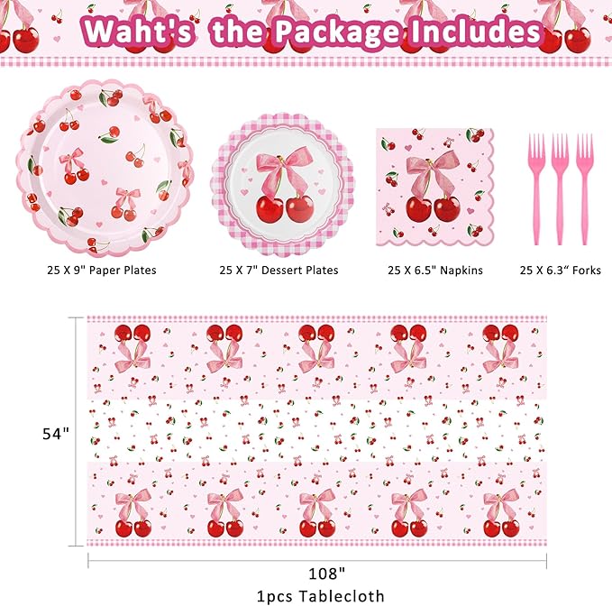 Cherry Party Plates and Napkins Supplies | 25 7inch Dessert Plates | 25 9inch Disposable Plates | 25 Napkins | 25 Forks | 1 Tablecloth for Birthday, Baby Shower,Summer Fruit 1st