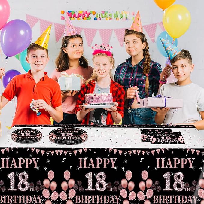 62Pcs 18th Birthday Decorations for Girls Her, Rose Gold Birthday Party Supplies Include 20 7''Plates 20 9'' Plates 20 Napkins and 2 Tablecloth, Rose Gold Princess Party Tableware for 20 Guests