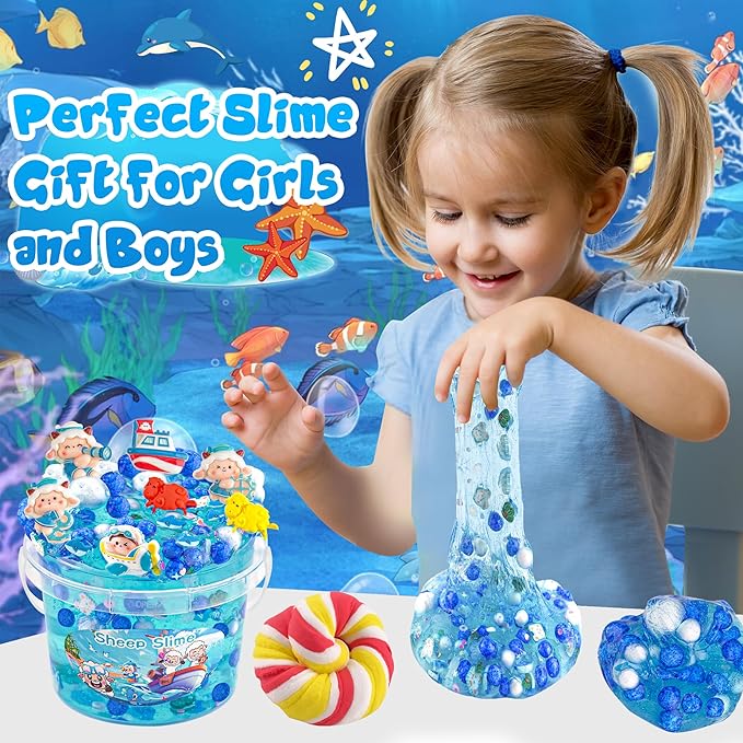 LAWOHO 300ml Ocean Clear Slime with Clay, Blue Slime Kit for Girls & Boys with 11 Packs Ocean Add-Ins for Kids Party Favors, Non Stick Sheep Clear Slimes for Birthday Halloween Christmas Easter Gifts