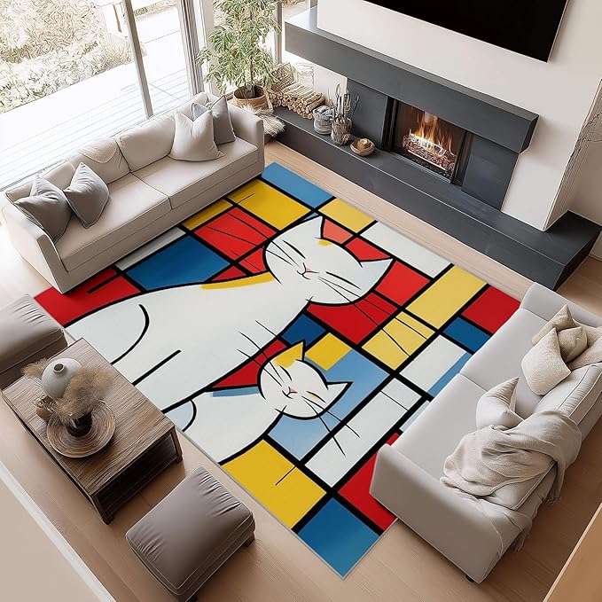 Geometric Color Block Cat Rug 2.6×4ft Abstract Art Non Slip Washable Patchwork Rugs for Bedroom, Ultra-Thin Low-Pile Carpets for Kitchen Laundry Hallway Bathroom Decor
