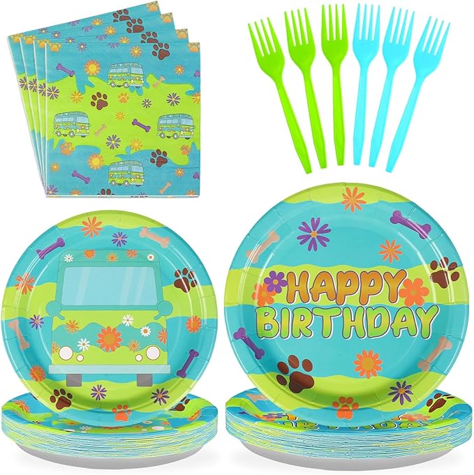 Grencian 96Pcs Mysterious Dog Birthday Party Supplies Blue Green Dog Plates and Napkins Carton Dogs Paw Tableware Set for Kids Birthday Baby Shower Party Supplies