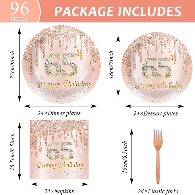 CHUNNIN 96Pcs 65th Birthday Decorations Pink Rose Gold Paper Plates Napkins Forks Set 65 Year Old Tableware Party Supplies Disposable Rose Gold Dinnerware Table Decor Favors for Women Serves 24