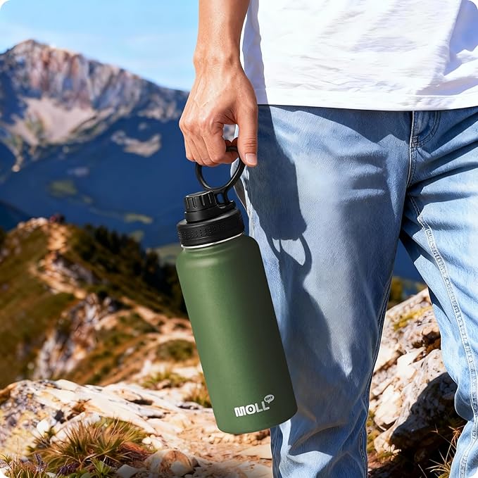 Insulated Water Bottle - 32 oz Stainless Steel Vacuum Wide Mouth Sports Flask With Silicone Boot - Reusable Metal Travel Bottle With Spout Lid (Grass Green)