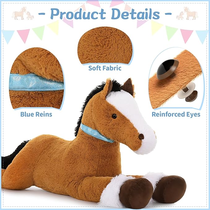Tezituor 35 Inches Realistic Horse Stuffed Animal, 3ft Large Stuffed Pony Plush Farm Toy, Hugging Soft Darkbrown Horse Plush Pillow Gift for Boys Girls Birthday Decor