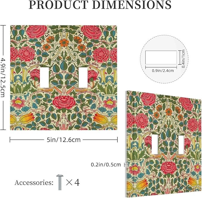 William Morris Roses Floral 2 Gang Light Switch Cover VintageTulip Flower Plant Bird Double Toggle Wall Plate Decorative Electrical Switchplate Covers for Country Bedroom Home Decor