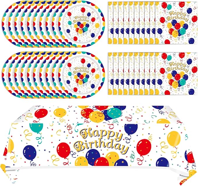 41Pcs Birthday Party Decorations Happy Birthday Colorful Balloons Disposable Paper Plates Napkins Tablecloth for Kid's Birthday Party Baby Shower Rainbow Multicolor Balloons Decor Supplies