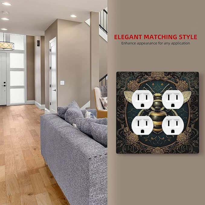 Outlet Covers Mid Century Bee Dark Floral 2 Gang Double Duplex Decorative Light Switch Covers Electrical Wallplates Socket Faceplate For Home Office Decor
