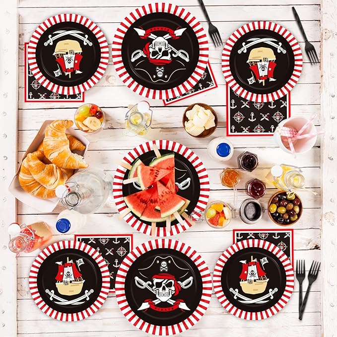 96pcs Pirate Birthday Tableware Set Pirates Party Paper Plates and Napkins Decorations Pirate ship Bone Disposable Dinnerware Supplies for Adult Teens Kids Birthday Party Favor, Severs 24