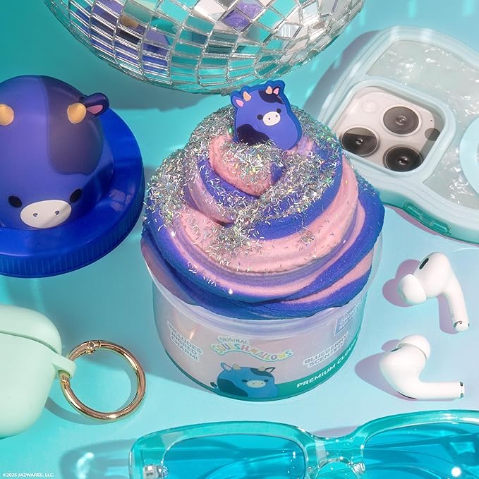 Original Squishmallows Ingrid The Cow Premium Cloud Slime, Blueberry-Scented, 8 oz., Storage Container with Figurine Topper, Rubber Charm, Goodie Bags Stuffers, Kids Party Favors, Sensory Toys