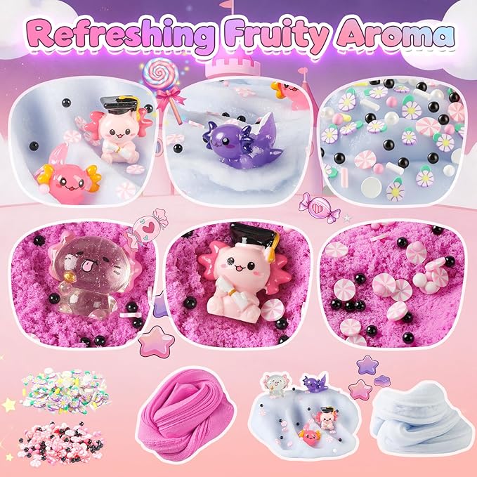 2 Pack Axolotl Cloud Slime Kit for Girls Boys - Scented Fluffy Cloud Slime with Cute Axolotl Charms - Non-Sticky Sensory Fidget Toys for Stress Relief & ASMR - DIY Slime Gift for Kids