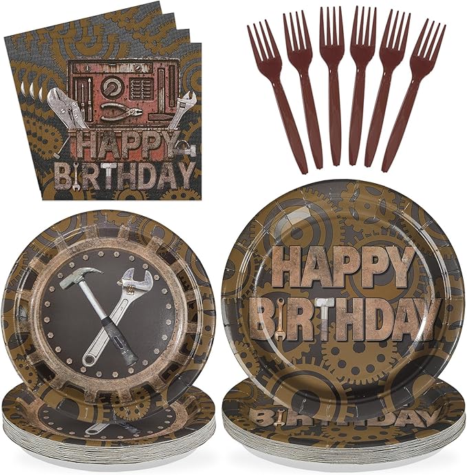 96Pcs Mechanic Tools Party Supplies Mechanic Theme Birthday Plates and Napkins Disposable Toolbox Gear Wrench Hammer Drill Pliers Tableware Set for Boys Men Happy Birthday Party Decorations Serves 24