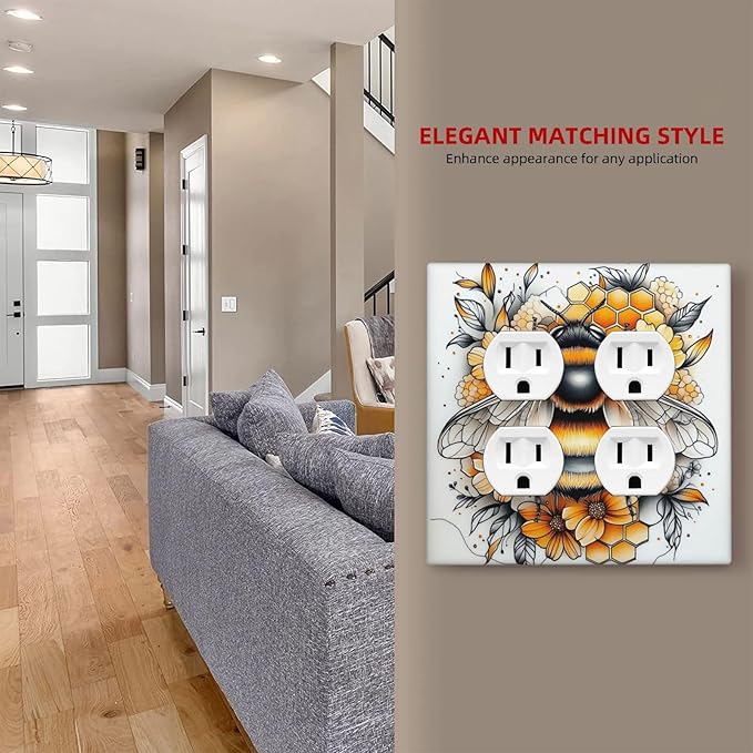 Outlet Covers Bee Honeycomb Flowers Plant Leaves 2 Gang Double Duplex Decorative Light Switch Covers Electrical Wallplates Socket Faceplate For Nursery Kids Room Decor