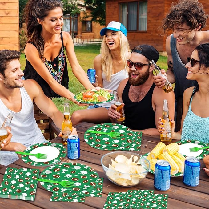 100 Pcs Football Party Plates Napkins Sports Rugby Party Decorations Disposable Paper Supplies Football Dessert Cake Dinnerware Tableware Football Theme Boys Baby Shower Birthday Party Favor Serves 25