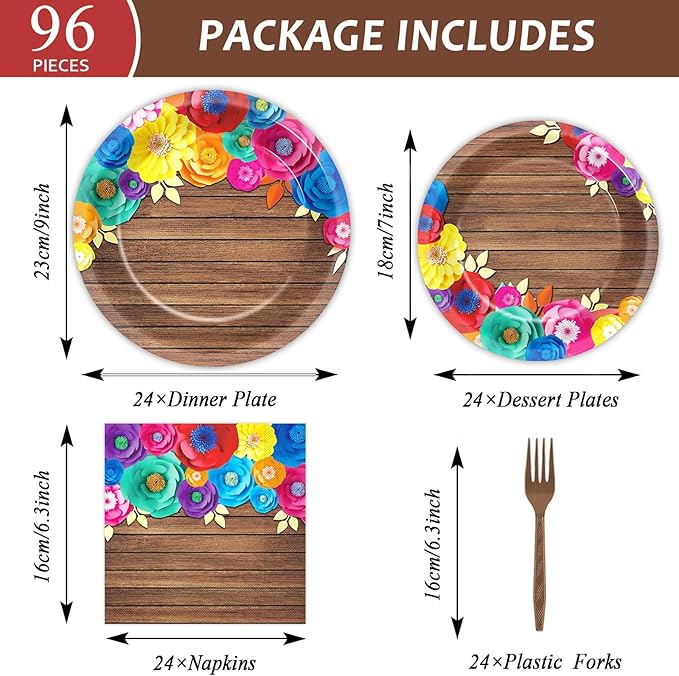 96Pcs Fiesta Party Plates and Napkins for Mexican Party Supplies Wooden Floral Themed Paper Dessert Plates Festival Tableware Set for Kids Boys 24 Guests Birthday Party Decorations