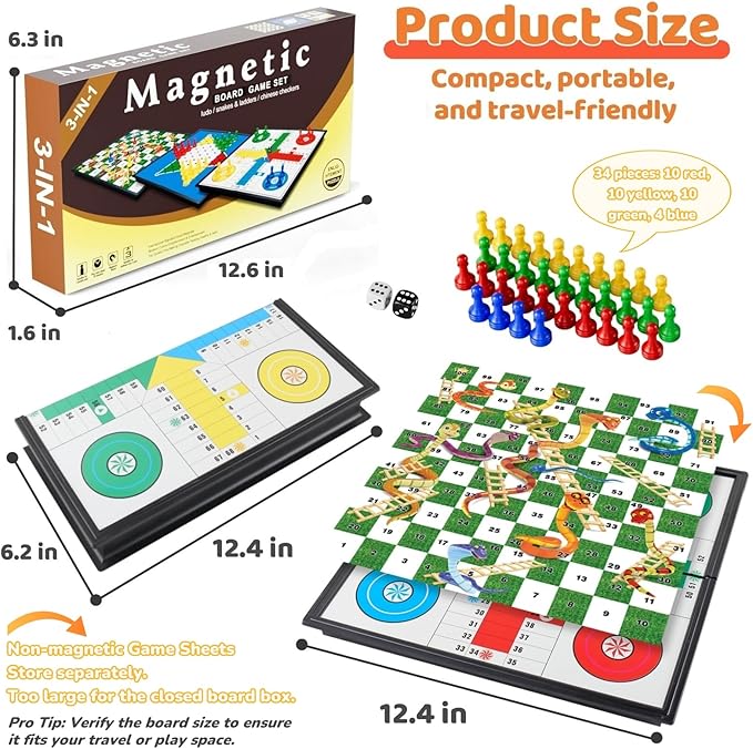3 in 1 Magnetic Board Games Set for Kids Adults - Classic Travel Game Set with Chinese Checkers, Ludo, Snakes and Ladders, Educational Family Strategy Game with Folding 12.4 Inches Board & Piece