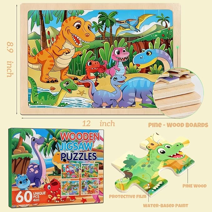 4 Packs 60 Piece Puzzles for Kids Ages 4-6, Wooden Animals Jigsaw Puzzles for Toddlers Age 4-8, Preschool Educational Puzzles Boards Toys, Brain Teaser Toys Gifts for 3 4 5 6 7 8 9 Boys Girls