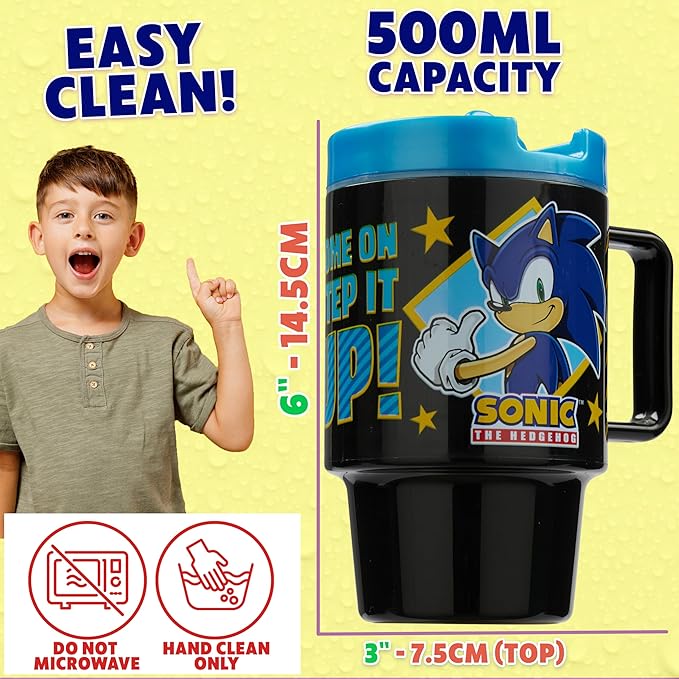 Get Trend Sonic the Hedgehog Kids Water Bottle with Straw 16.9 oz BPA Free Plastic Cup with Lid Handle Reusable Drinking Tumbler for School Gifts for Kids (Black Sonic)